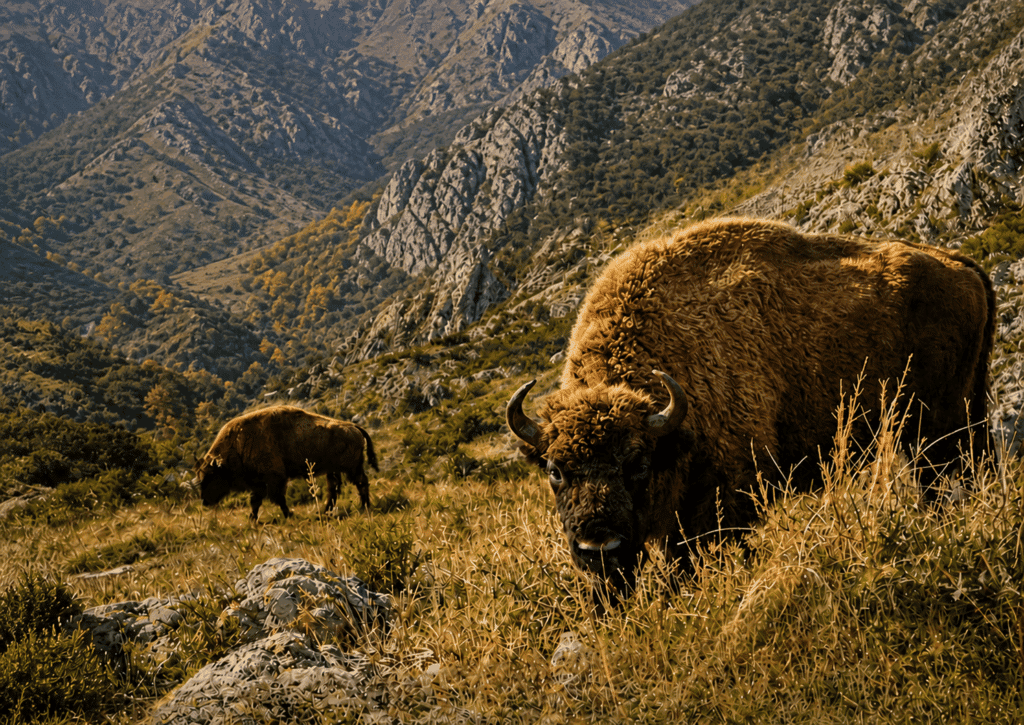 Pareja de bisontes en el entorno de los Fiordos Leoneses